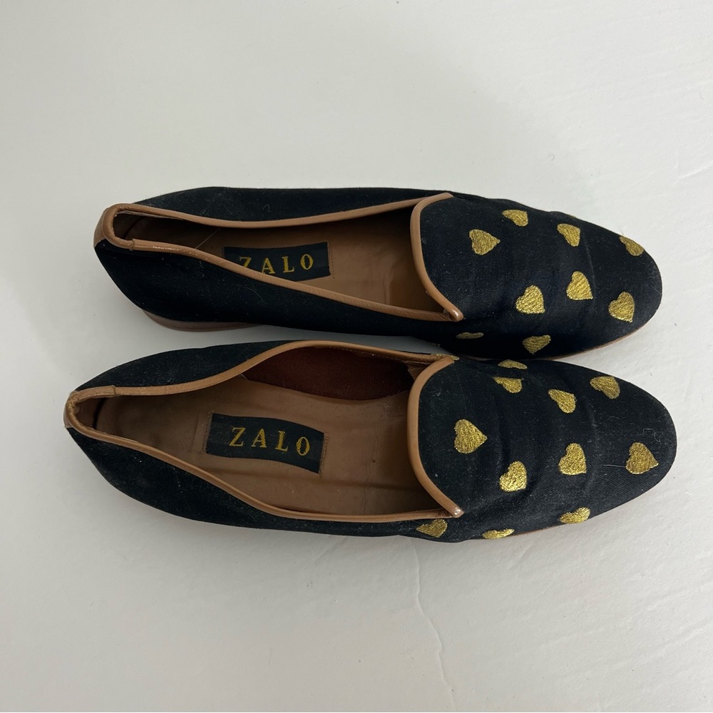 Zalo Smoking Slippers Loafers Flats Black Gold Hearts Size 10 - Picture 2 of 12